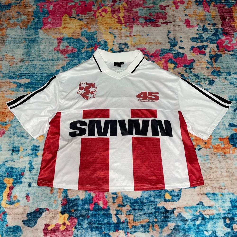 Women’s White & Red Striped Soccer-Style Top